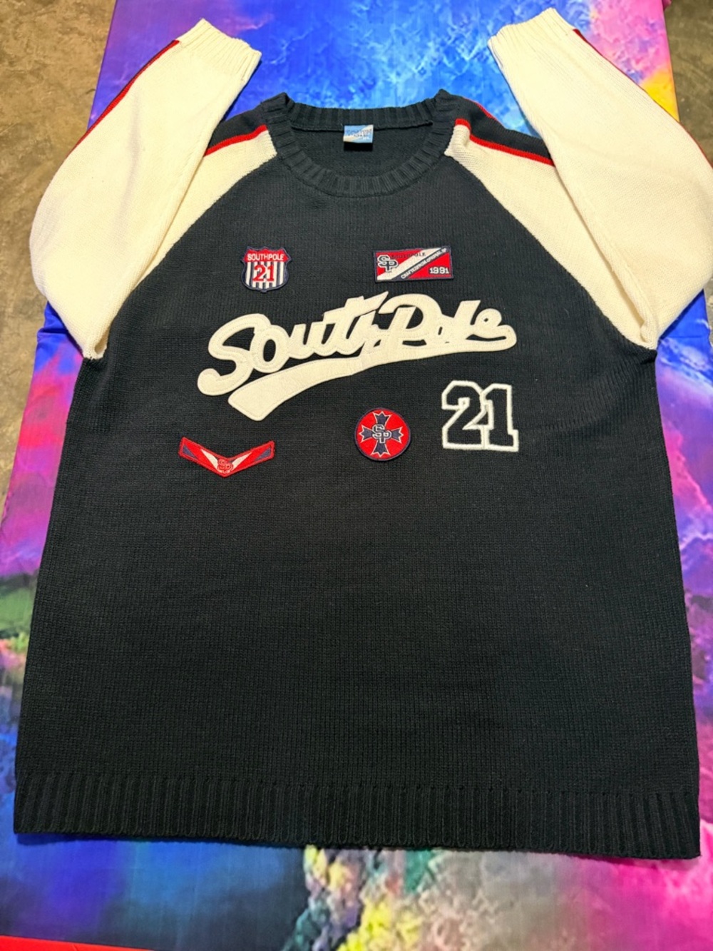 South Pole Black Crewneck Sweater with Cream Raglan Sleeves and Red Accents
